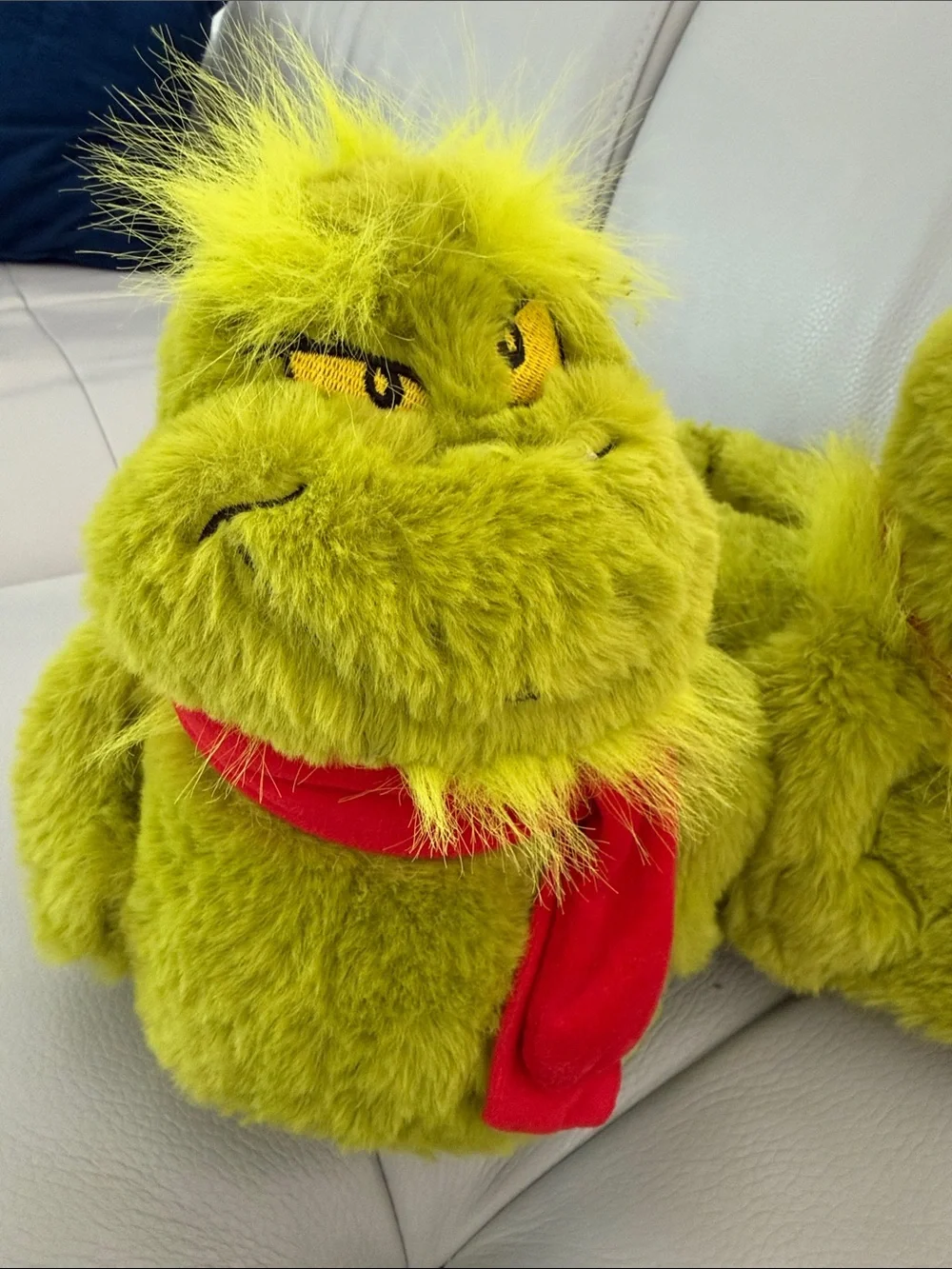 Kids Plush Grinch-Inspired Green Cozy Slippers with Red Scarf Detail